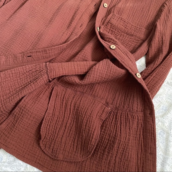 Polagram gauze cotton boho button down long sleeve tunic, sienna brown - Picture 9 of 9